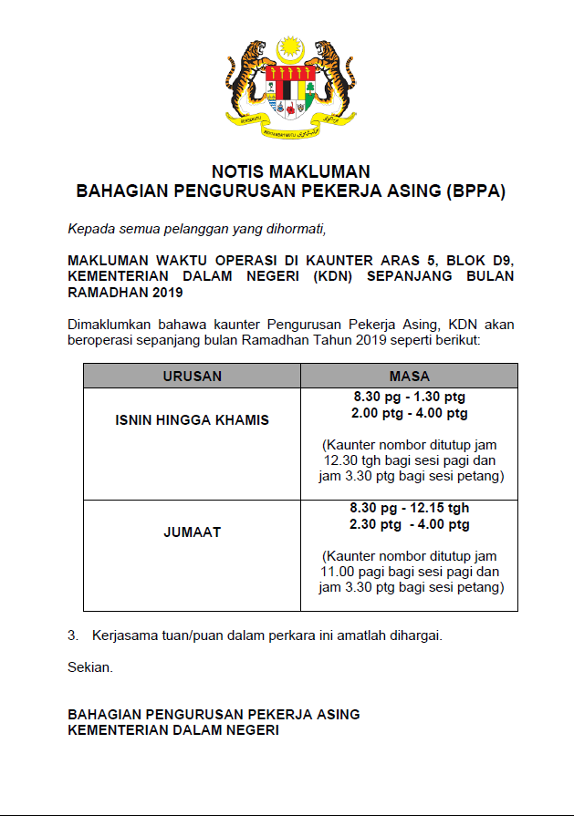 Notis Makluman waktu operasi kaunter sepanjang ramadhan resize