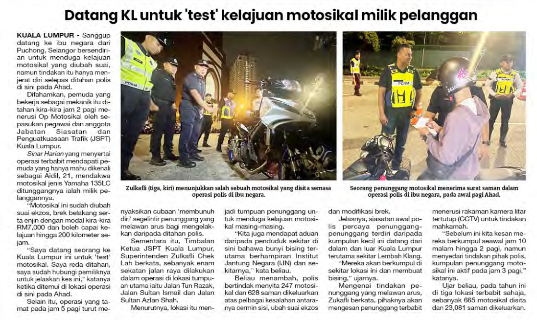 18 DISEMBER DATANG KL UNTUK TEST KELAJUAN MOTOSIKAL MILIK PELANGGAN