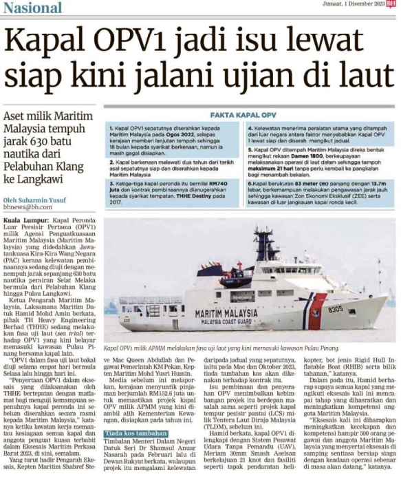 1 DISEMBER KAPAL OPV1 JADI ISU LEWAT SIAP KINI JALANI UJIAN DI LAUT 