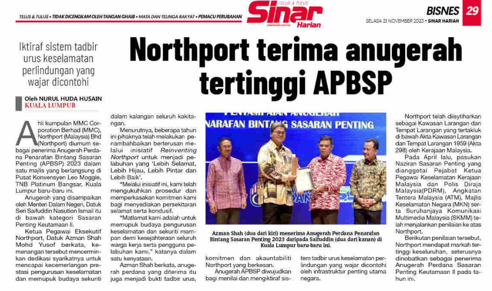 21 NOVEMBER NORTHPORT TERIMA ANUGERAH TERTINGGI APBSP