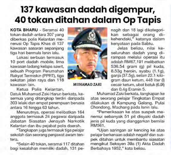 26 NOVEMBER 137 KAWASAN DADAH DIGEMPUR 40 TOKAN DITAHAN DALAM OP TAPIS 