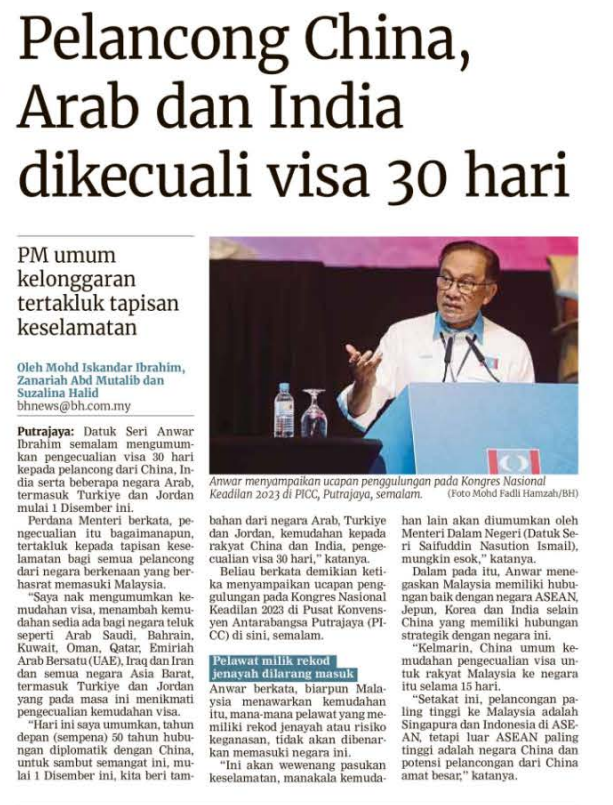 27 NOVEMBER PELANCONG CHINA ARAB DAN INDIA DIKECUALI VISA 30 HARI 