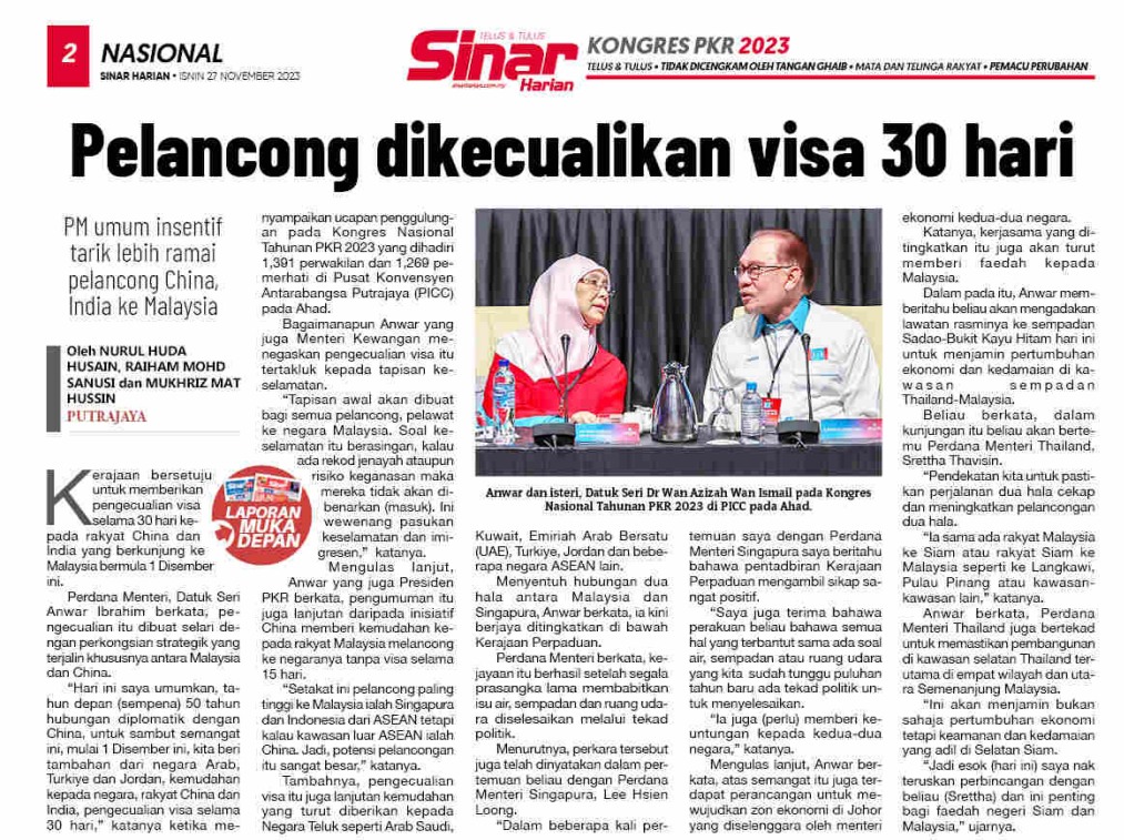 27 NOVEMBER PELANCONG DIKECUALIKAN VISA 30 HARI 