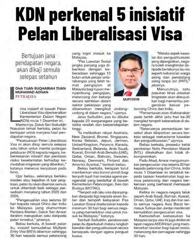 28 NOVEMBER KDN PERKENAL 5 INISIATIF PELAN LIBERALISASI VISA