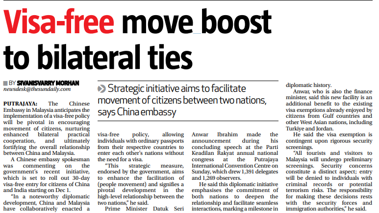 28 NOVEMBER VISA FREE MOVE BOOST TO BILATERAL TIES