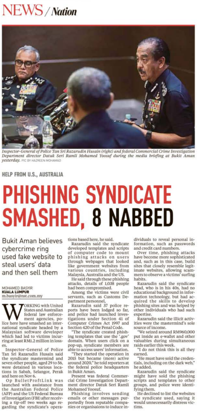 9 NOVEMBER PHISHING SYNDICATE SMASHED 8 NABBED 